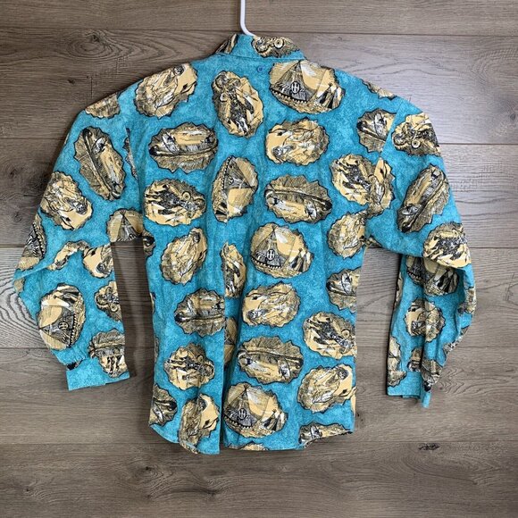 Vintage Roper Western Button-Up Shirt With Native American Print In Turquoise & - Picture 9 of 10